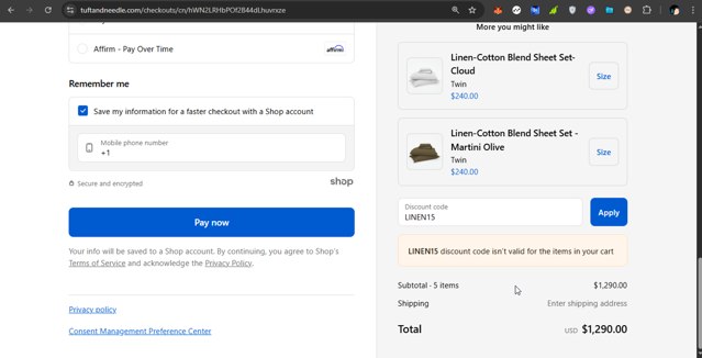 Tuft & Needle checkout page showing Tuft & Needle coupon code box | Screenshot taken by SimplyCodes community member on Aug 29, 2025