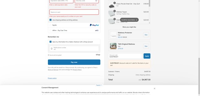 Tuft & Needle checkout page showing Tuft & Needle coupon code box | Screenshot taken by SimplyCodes community member on Jul 18, 2025