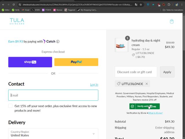 Tula checkout page showing Tula promo code box | Screenshot taken by SimplyCodes community member on Sep 4, 2024
