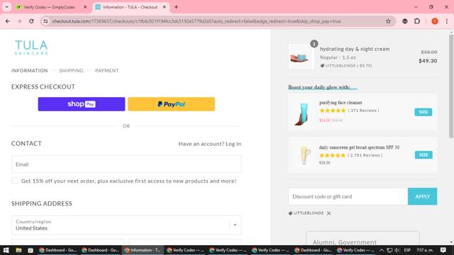 Tula checkout page showing Tula promo code box | Screenshot taken by SimplyCodes community member on Apr 30, 2024