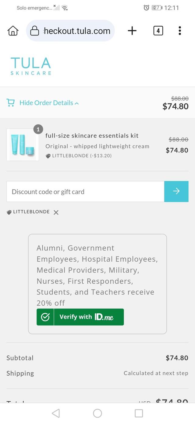 Tula checkout page showing Tula promo code box | Screenshot taken by SimplyCodes community member on Jul 30, 2024