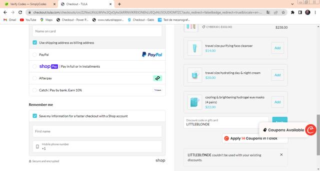 Tula checkout page showing Tula promo code box | Screenshot taken by SimplyCodes community member on Nov 27, 2024