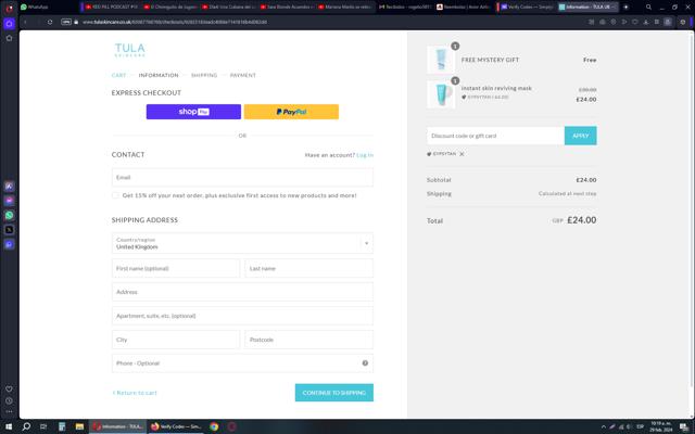 TULA Skincare checkout page showing TULA Skincare discount code box | Screenshot taken by SimplyCodes community member on Feb 29, 2024