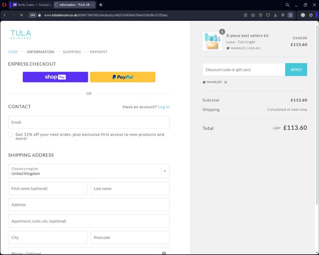 TULA Skincare checkout page showing TULA Skincare discount code box | Screenshot taken by SimplyCodes community member on Jan 6, 2024