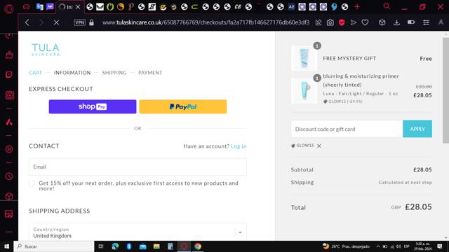 TULA Skincare checkout page showing TULA Skincare discount code box | Screenshot taken by SimplyCodes community member on Feb 29, 2024