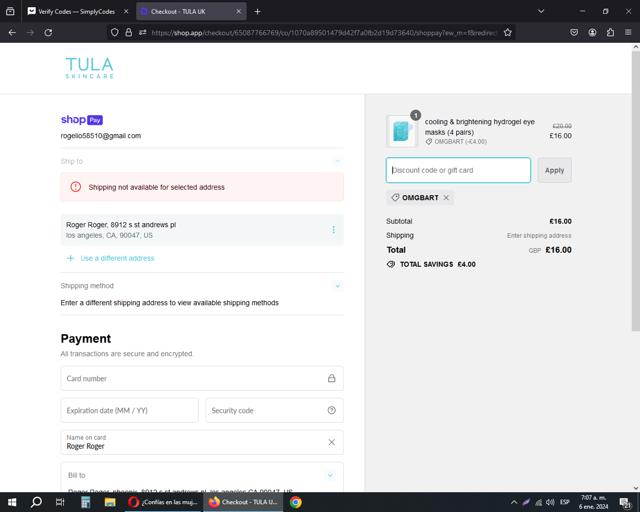 TULA Skincare checkout page showing TULA Skincare discount code box | Screenshot taken by SimplyCodes community member on Jan 6, 2024