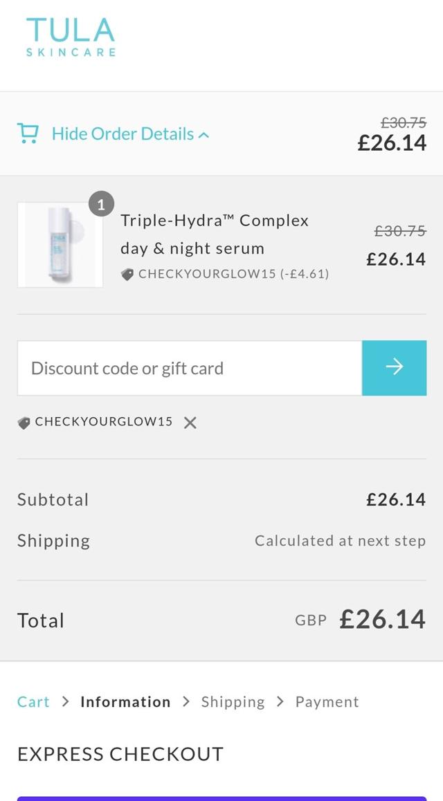 TULA Skincare checkout page showing TULA Skincare discount code box | Screenshot taken by SimplyCodes community member on Dec 8, 2023