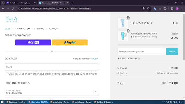 TULA Skincare checkout page showing TULA Skincare discount code box | Screenshot taken by SimplyCodes community member on Feb 29, 2024