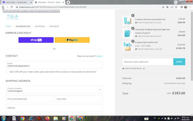 TULA Skincare checkout page showing TULA Skincare discount code box | Screenshot taken by SimplyCodes community member on Jan 6, 2024