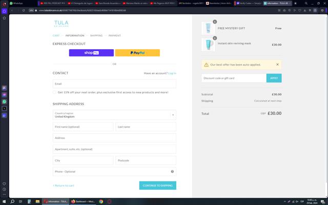 TULA Skincare checkout page showing TULA Skincare discount code box | Screenshot taken by SimplyCodes community member on Feb 29, 2024