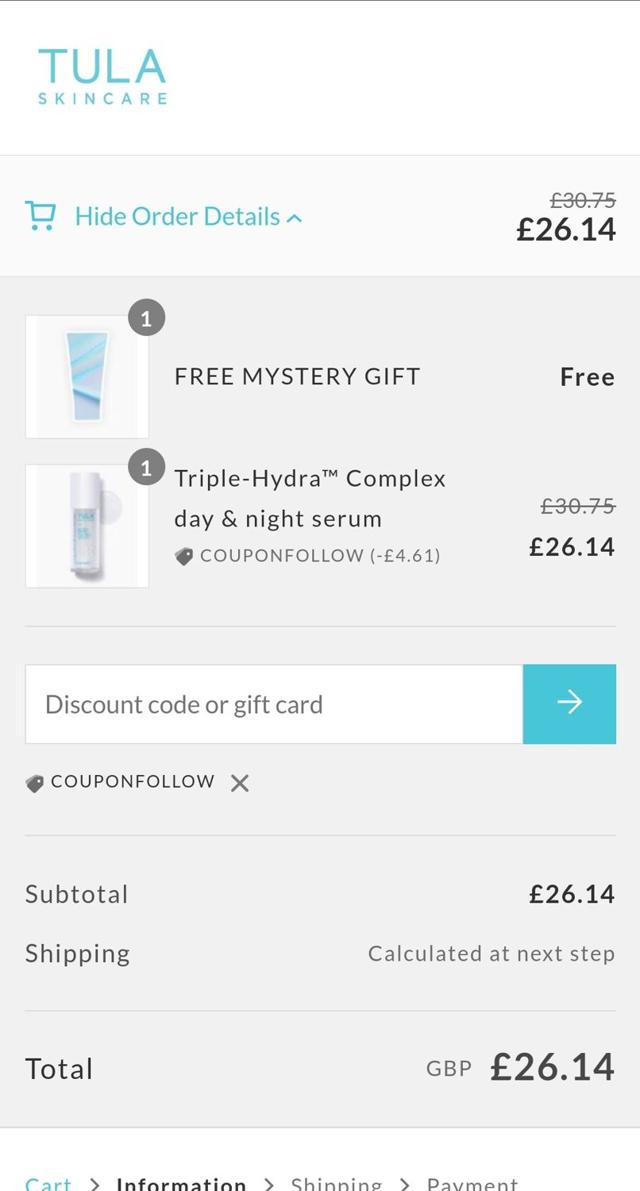 TULA Skincare checkout page showing TULA Skincare discount code box | Screenshot taken by SimplyCodes community member on Dec 12, 2023