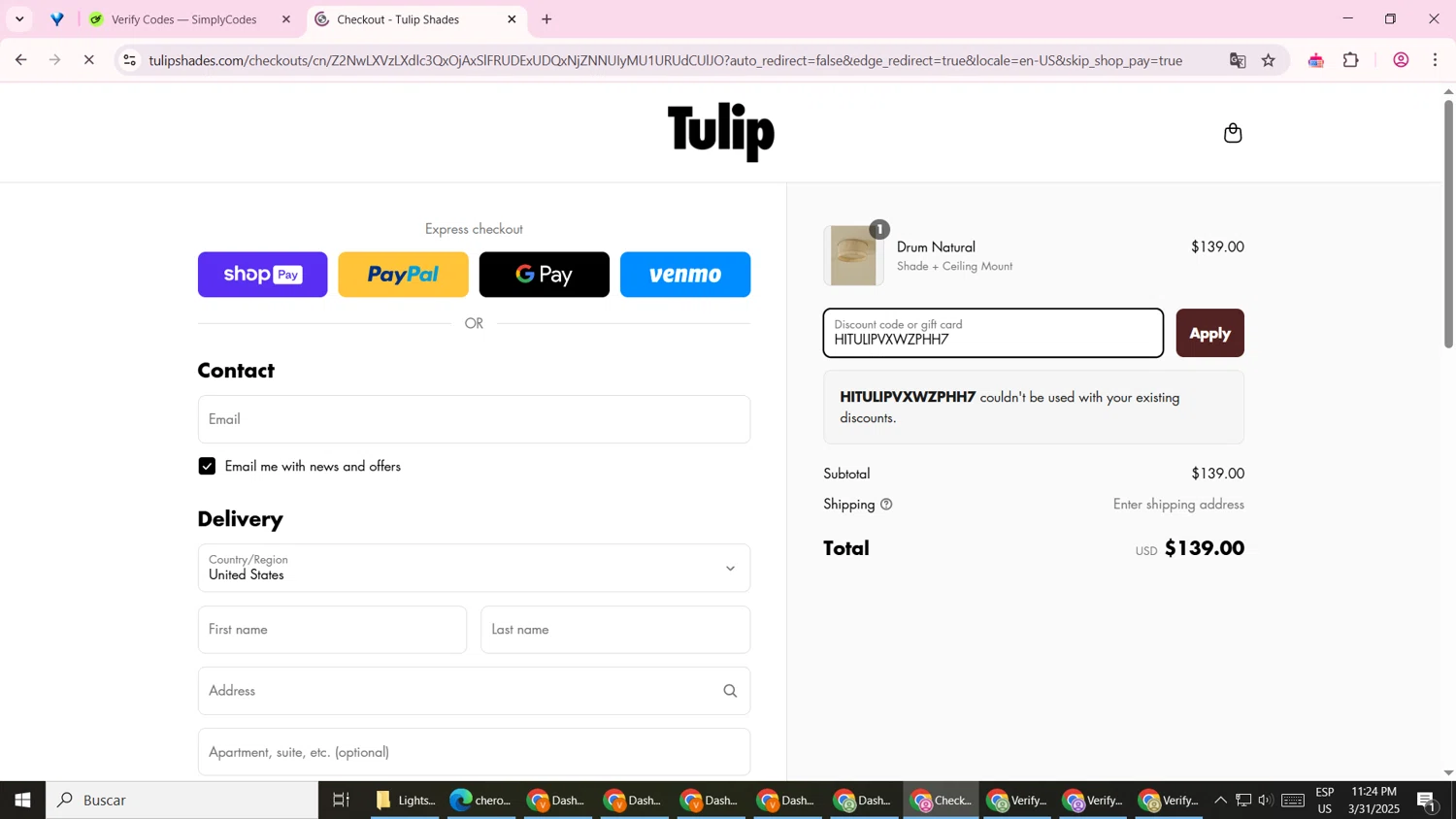 Tulip Shades checkout page showing Tulip Shades discount code box | Screenshot taken by SimplyCodes community member on Apr 1, 2025