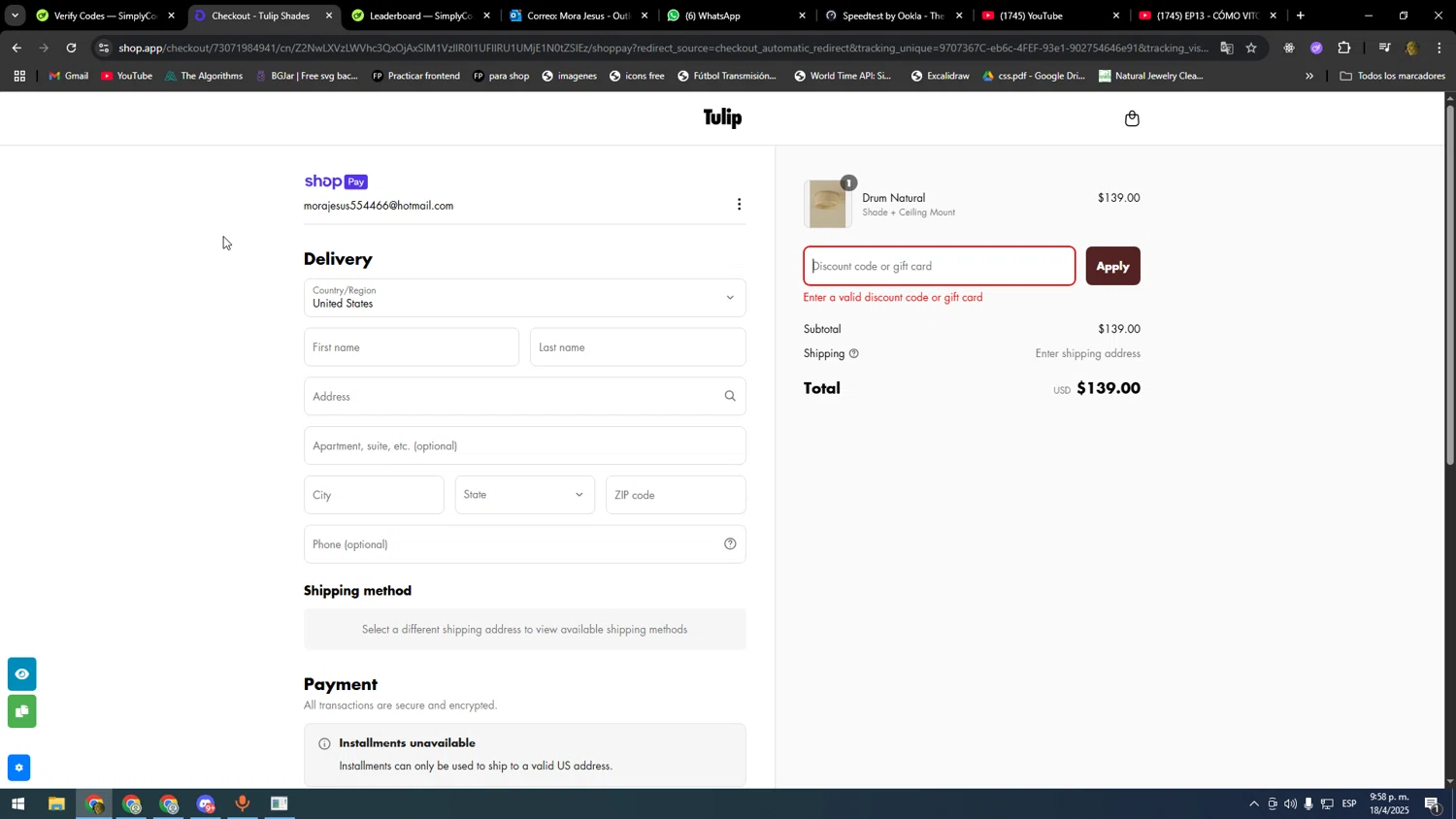 Tulip Shades discount code screenshot showing code HITULIPXFT5X2VN applied at Tulip Shades checkout page. Uploaded by SimplyCodes community member SOOOOOOOOOOOOOOOOOOOOOOO on Apr 19, 2025