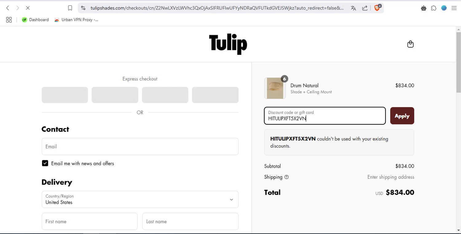 Tulip Shades checkout page showing Tulip Shades discount code box | Screenshot taken by SimplyCodes community member on Apr 1, 2025