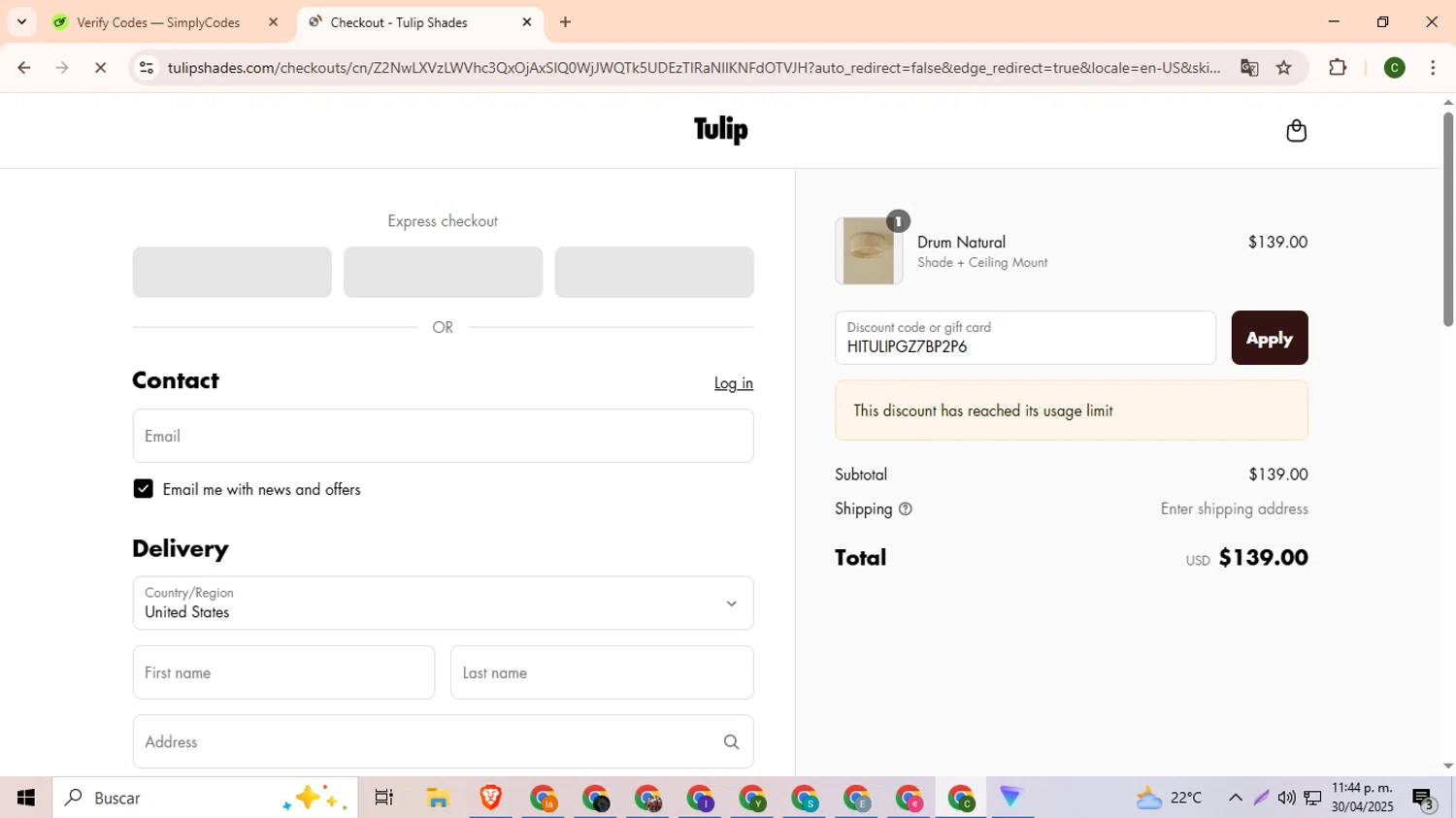 Tulip Shades discount code screenshot showing code HITULIPGZ7BP2P6 applied at Tulip Shades checkout page. Uploaded by SimplyCodes community member DevianArt on May 1, 2025