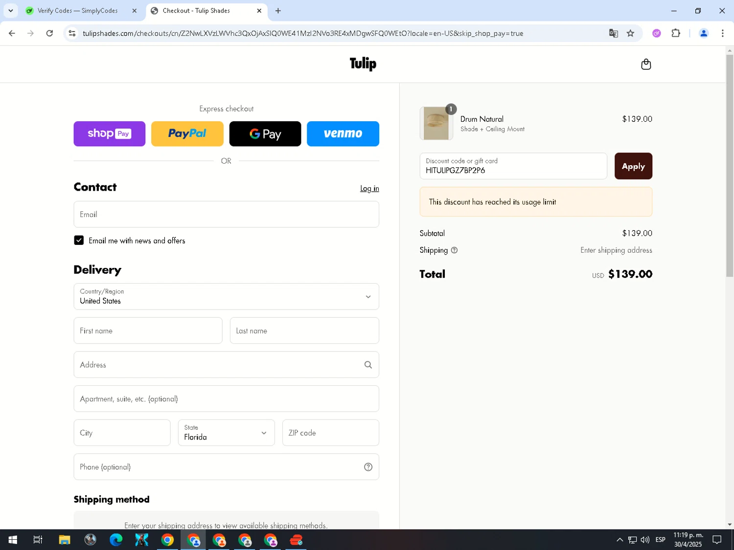 Tulip Shades checkout page showing Tulip Shades discount code box | Screenshot taken by SimplyCodes community member on May 1, 2025