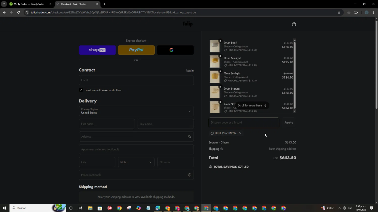 Tulip Shades checkout page showing Tulip Shades discount code box | Screenshot taken by SimplyCodes community member on Apr 12, 2025