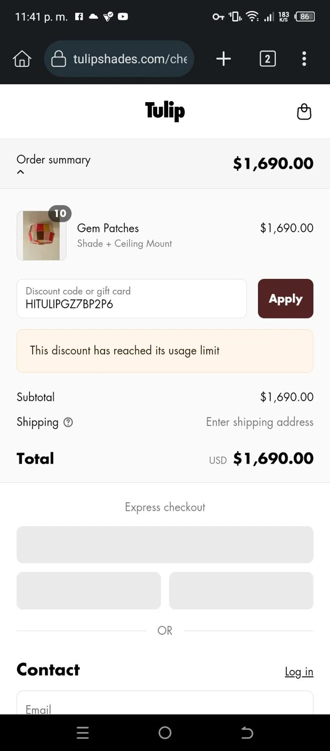 Tulip Shades discount code screenshot showing code HITULIPGZ7BP2P6 applied at Tulip Shades checkout page. Uploaded by SimplyCodes community member CleverSleuth6613 on May 1, 2025