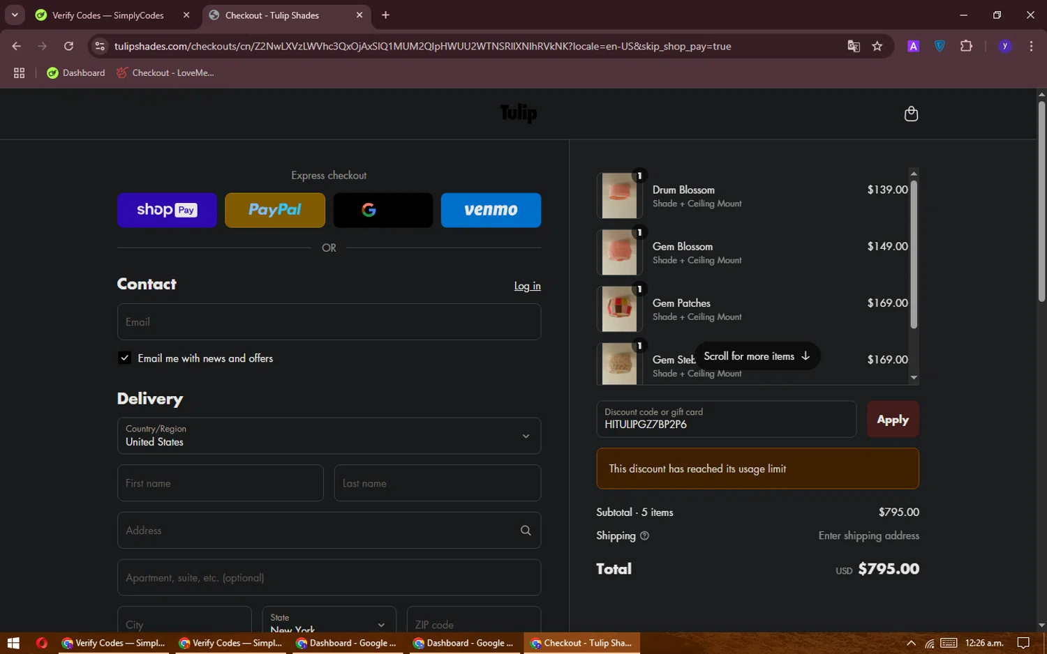 Tulip Shades discount code screenshot showing code HITULIPGZ7BP2P6 applied at Tulip Shades checkout page. Uploaded by SimplyCodes community member VoucherVoyager4577 on May 1, 2025