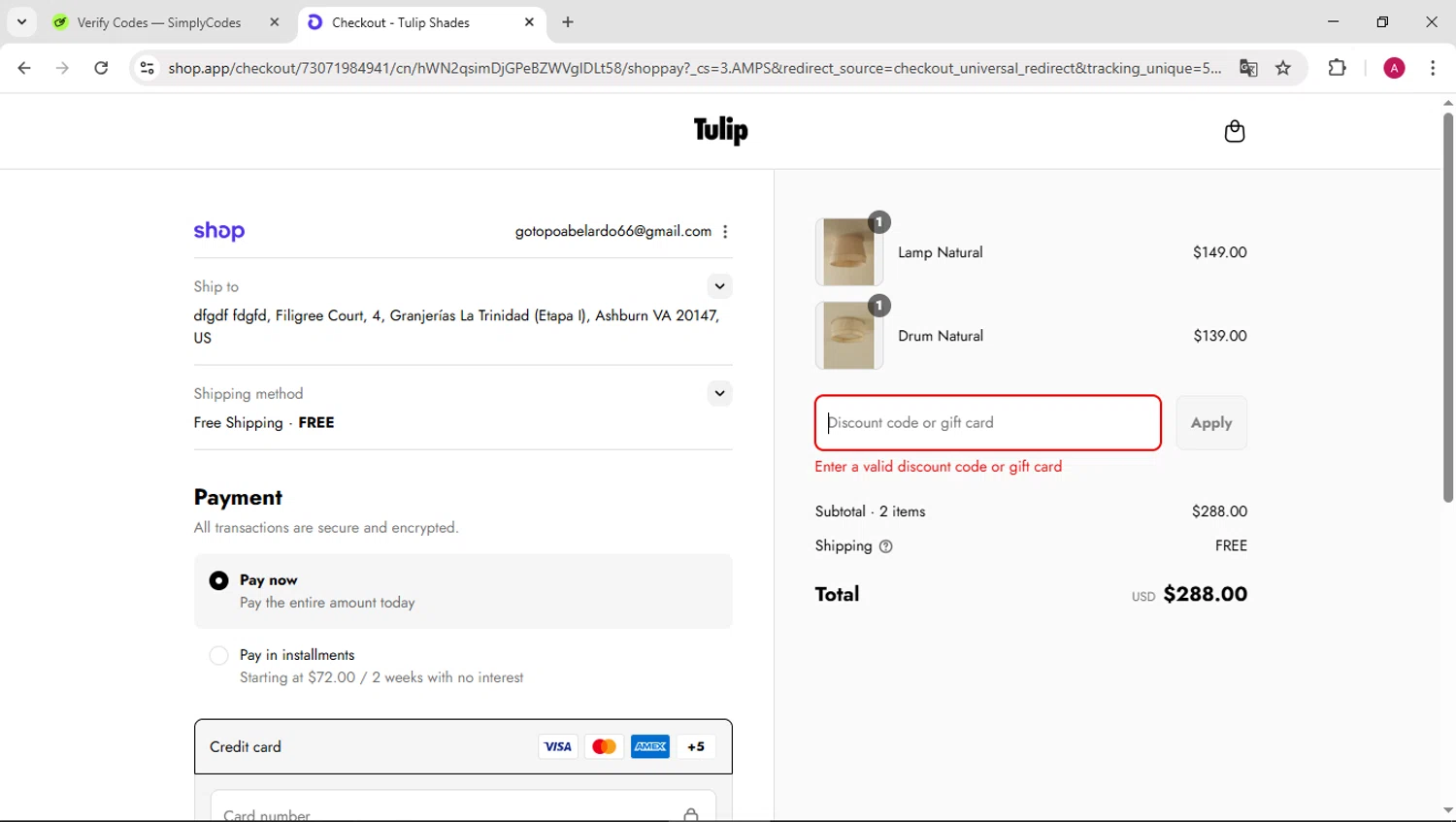 Tulip Shades discount code screenshot showing code WELCOME15 applied at Tulip Shades checkout page. Uploaded by SimplyCodes community member BMWGS1200 on Sep 11, 2025