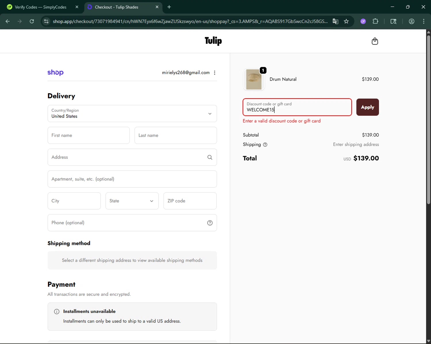 Tulip Shades discount code screenshot showing code WELCOME15 applied at Tulip Shades checkout page. Uploaded by SimplyCodes community member BargainSeeker9964 on Jan 5, 2026