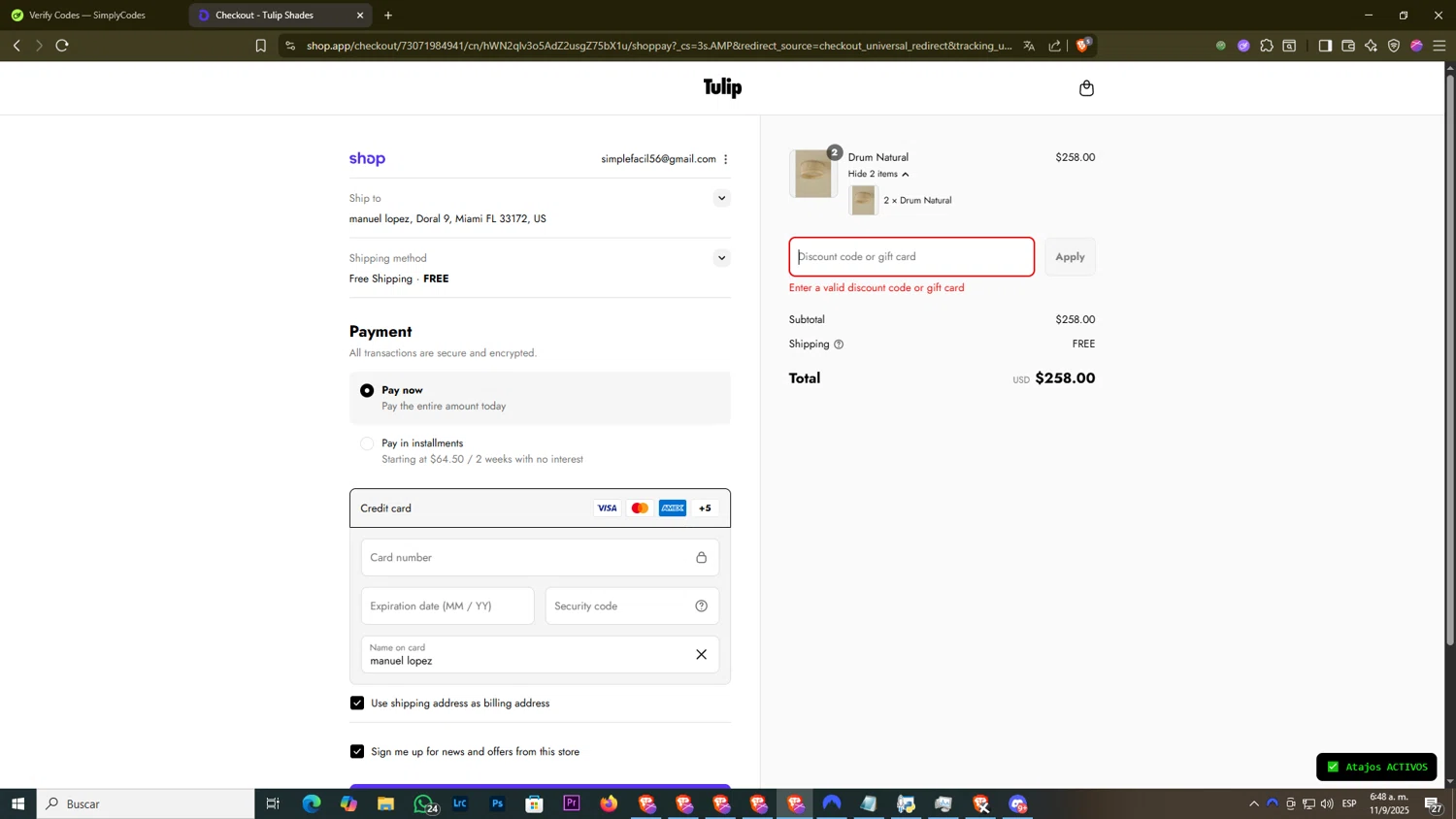 Tulip Shades discount code screenshot showing code WELCOME15 applied at Tulip Shades checkout page. Uploaded by SimplyCodes community member DiscountExpert556 on Sep 11, 2025