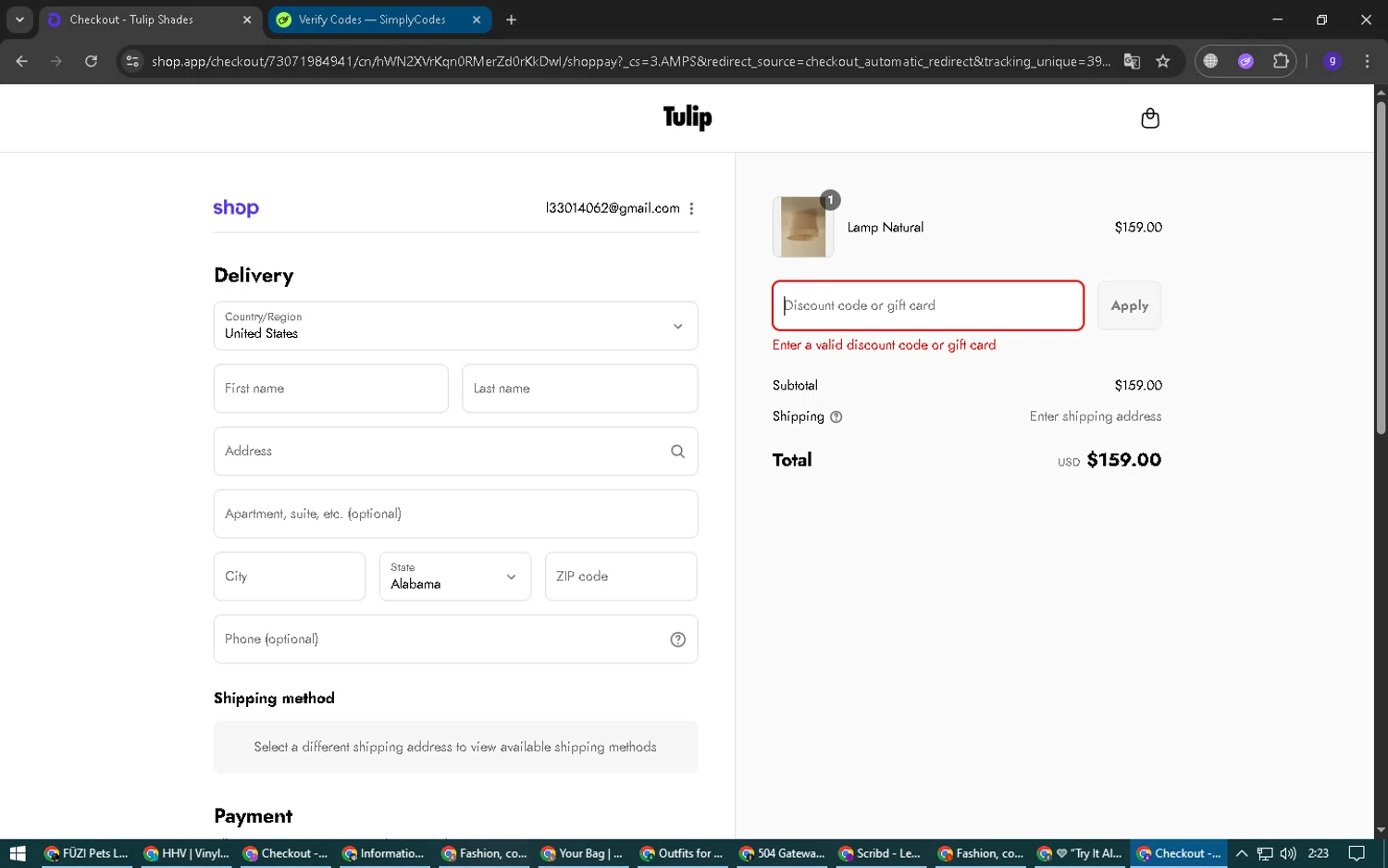 Tulip Shades discount code screenshot showing code THANKYOU10 applied at Tulip Shades checkout page. Uploaded by SimplyCodes community member Epa_yava on Sep 3, 2025