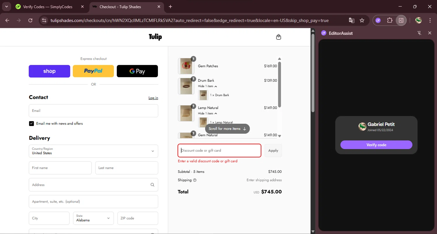 Tulip Shades discount code screenshot showing code THANKYOU10 applied at Tulip Shades checkout page. Uploaded by SimplyCodes community member RewardDefender7173 on Sep 3, 2025