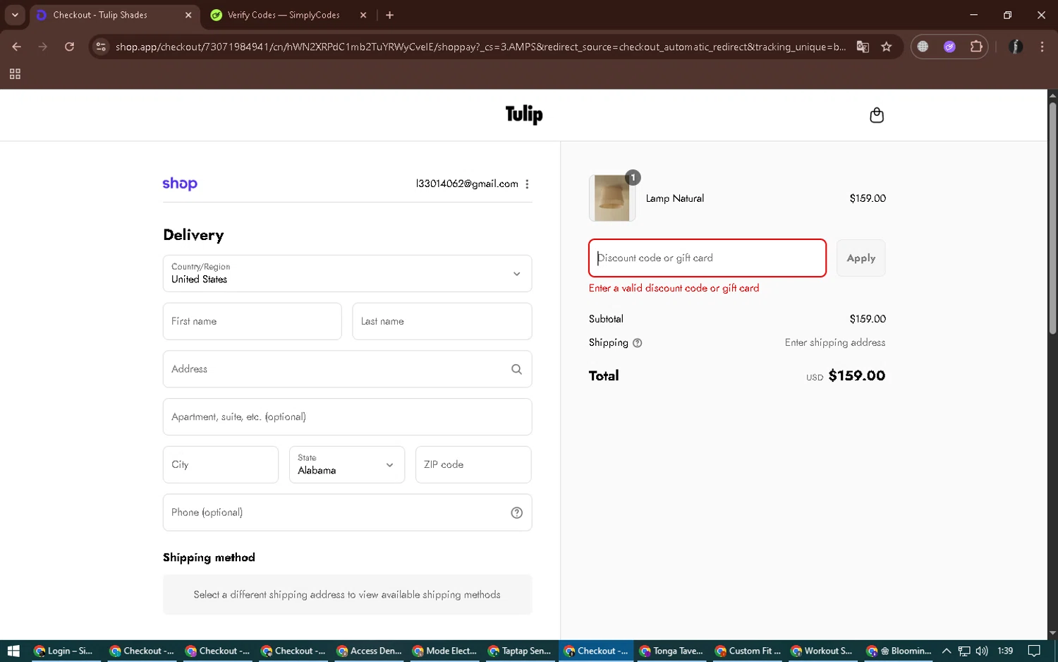 Tulip Shades discount code screenshot showing code THANKYOU10 applied at Tulip Shades checkout page. Uploaded by SimplyCodes community member alexdaal on Sep 3, 2025