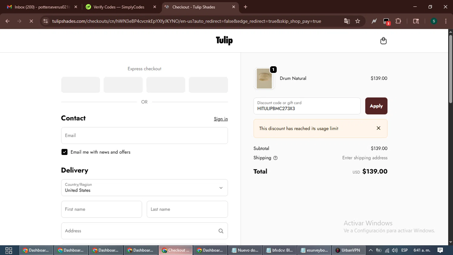 Tulip Shades discount code screenshot showing code HITULIPBMC273X3 applied at Tulip Shades checkout page. Uploaded by SimplyCodes community member ShrewdAce7935 on Oct 2, 2025