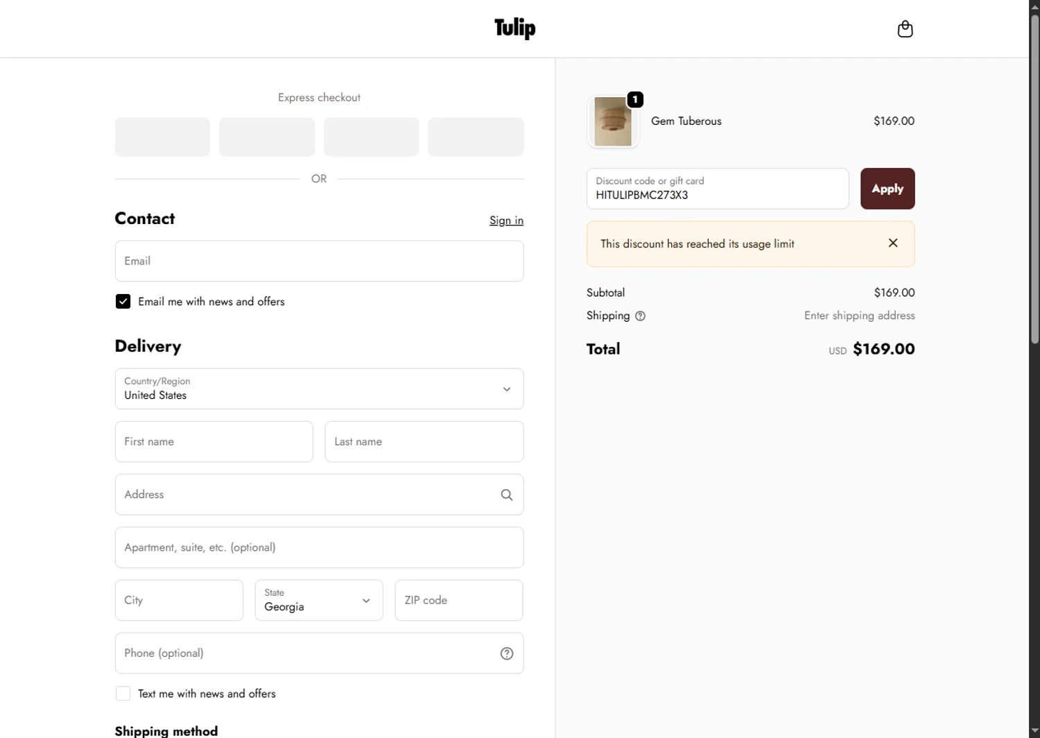 Tulip Shades discount code screenshot showing code HITULIPBMC273X3 applied at Tulip Shades checkout page. Uploaded by SimplyCodes community member SwiftTracker8156 on Oct 2, 2025
