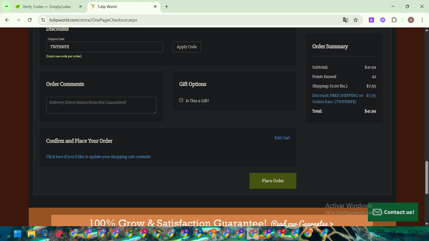 Tulip World coupon code screenshot showing code TWPNNPE applied at Tulip World checkout page. Uploaded by SimplyCodes community member NobleWarden6764 on Jun 5, 2025