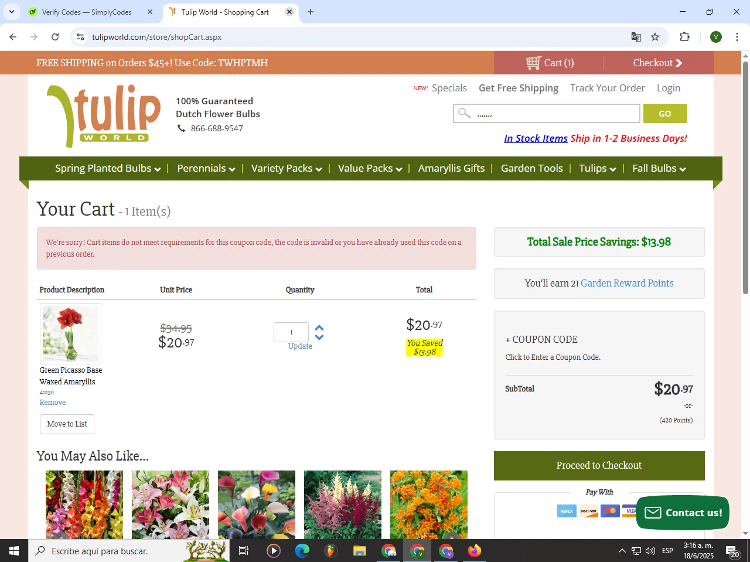 Tulip World coupon code screenshot showing code TWPNNPE applied at Tulip World checkout page. Uploaded by SimplyCodes community member PrimeWizard4168 on Jun 18, 2025