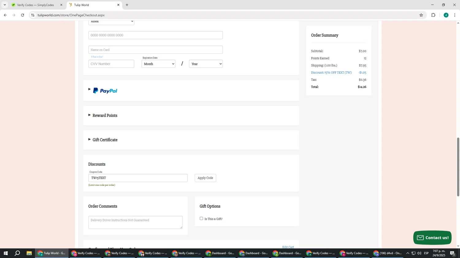 Tulip World coupon code screenshot showing code TW15TEXT applied at Tulip World checkout page. Uploaded by SimplyCodes community member HEROESCUDA on Sep 24, 2025