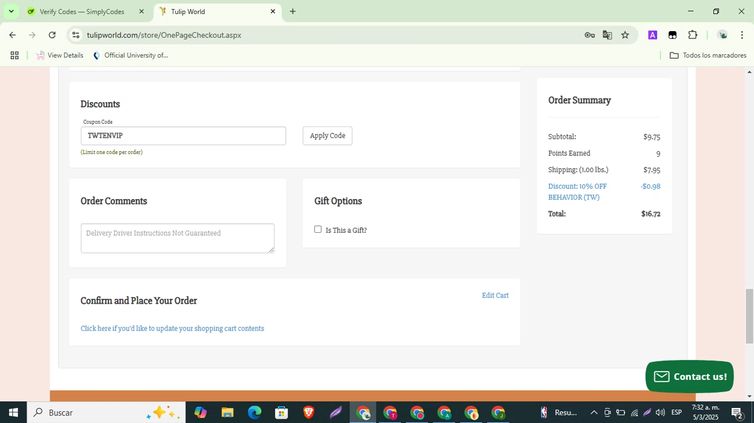 Tulip World coupon code screenshot showing code TWTENVIP applied at Tulip World checkout page. Uploaded by SimplyCodes community member ShrewdSaver8478 on Mar 5, 2025
