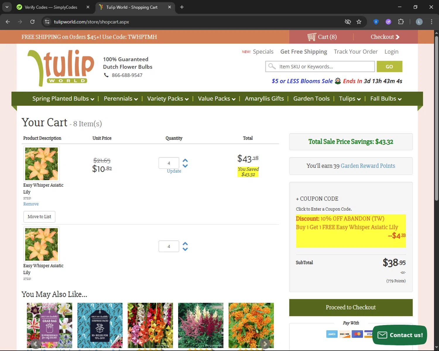 Tulip World coupon code screenshot showing code tw10cart applied at Tulip World checkout page. Uploaded by SimplyCodes community member CashTracker4266 on Jul 3, 2025
