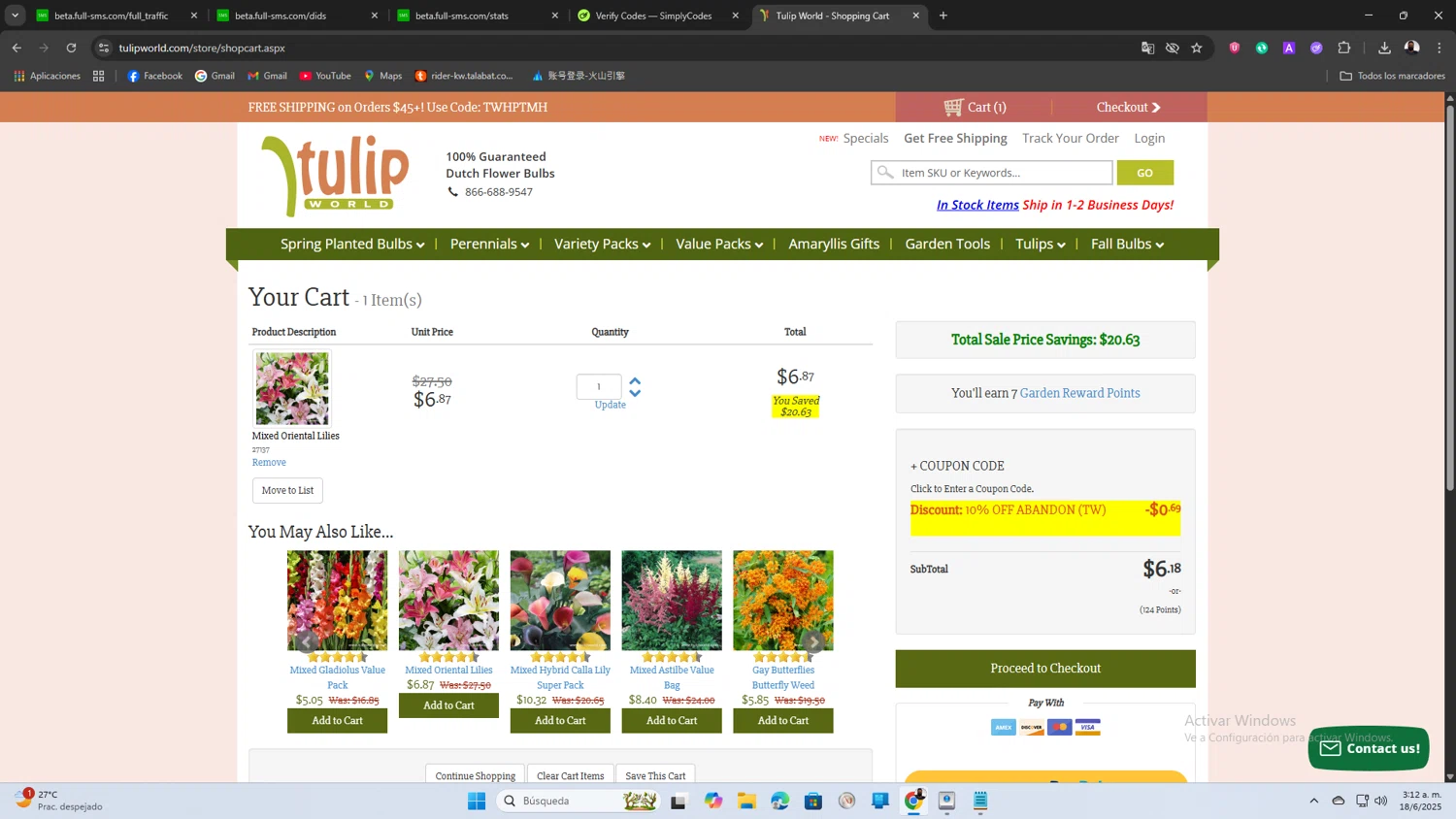 Tulip World coupon code screenshot showing code tw10cart applied at Tulip World checkout page. Uploaded by SimplyCodes community member SaleScout3344 on Jun 18, 2025