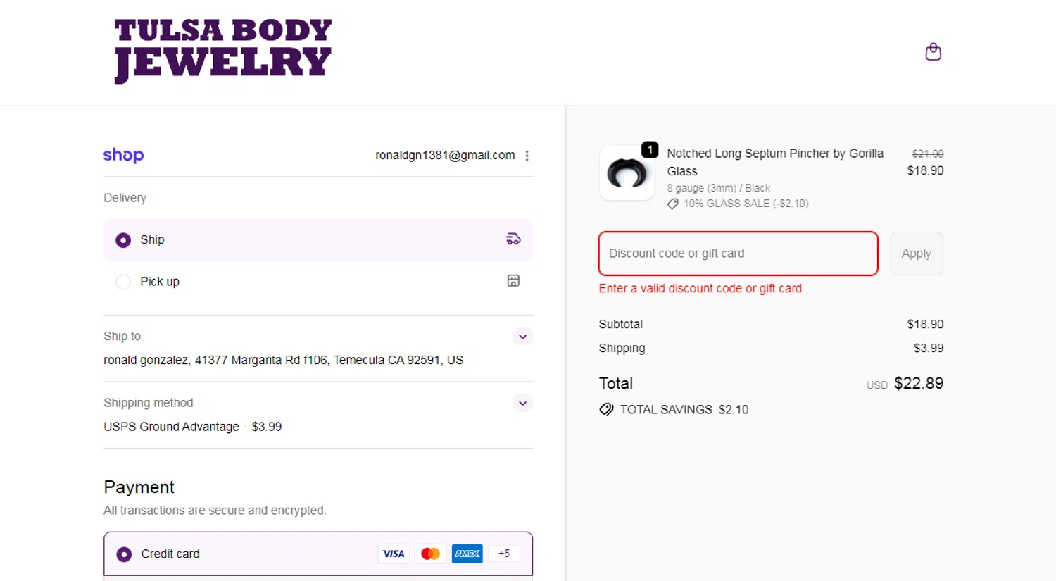 Tulsa Body Jewelry promo code screenshot showing code 278592 applied at Tulsa Body Jewelry checkout page. Uploaded by SimplyCodes community member SavvyHawk656 on Jan 31, 2026