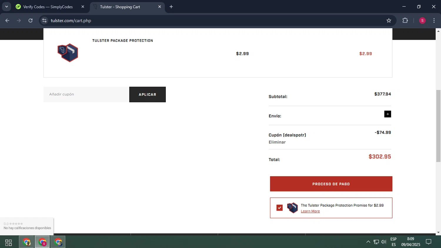 Tulster coupon code screenshot showing code dealspotr applied at Tulster checkout page. Uploaded by SimplyCodes community member ELMORADO on Apr 9, 2025