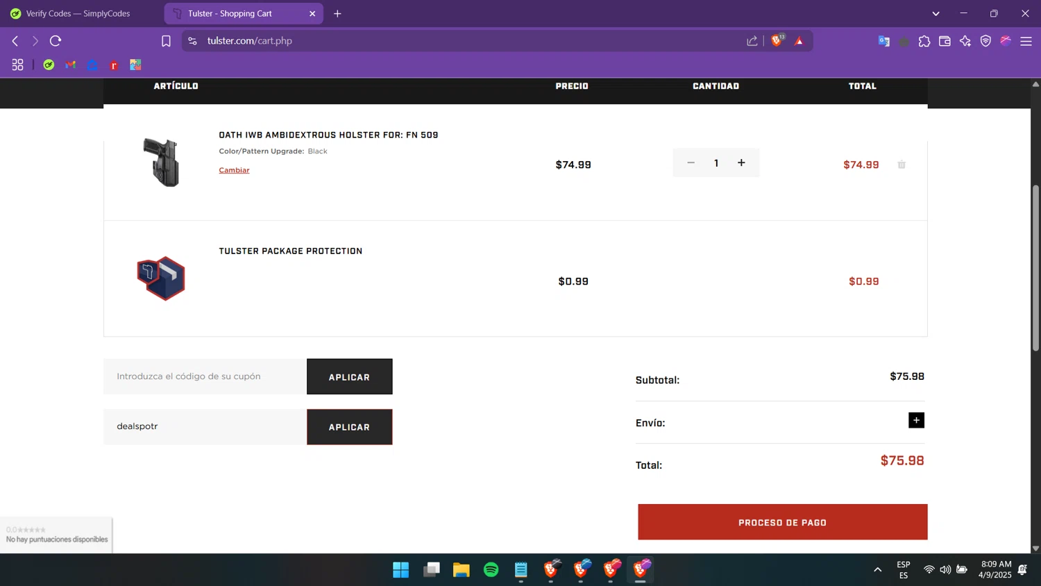 Tulster coupon code screenshot showing code dealspotr applied at Tulster checkout page. Uploaded by SimplyCodes community member luigii on Apr 9, 2025