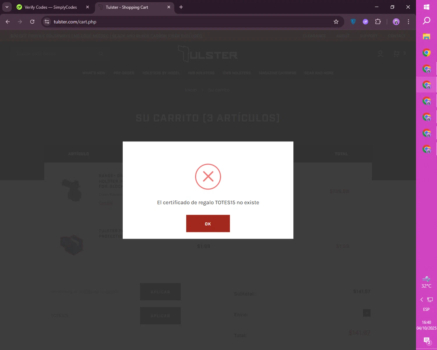 Tulster coupon code screenshot showing code TOTES15 applied at Tulster checkout page. Uploaded by SimplyCodes community member CashSaver4711 on Oct 4, 2025