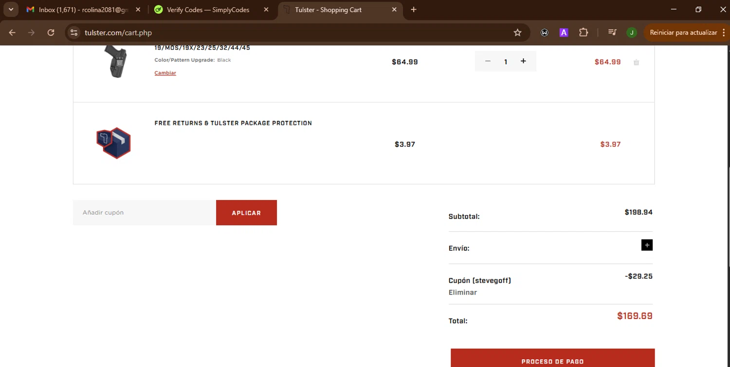 Tulster checkout page showing Tulster coupon code box | Screenshot taken by SimplyCodes community member on Feb 13, 2026