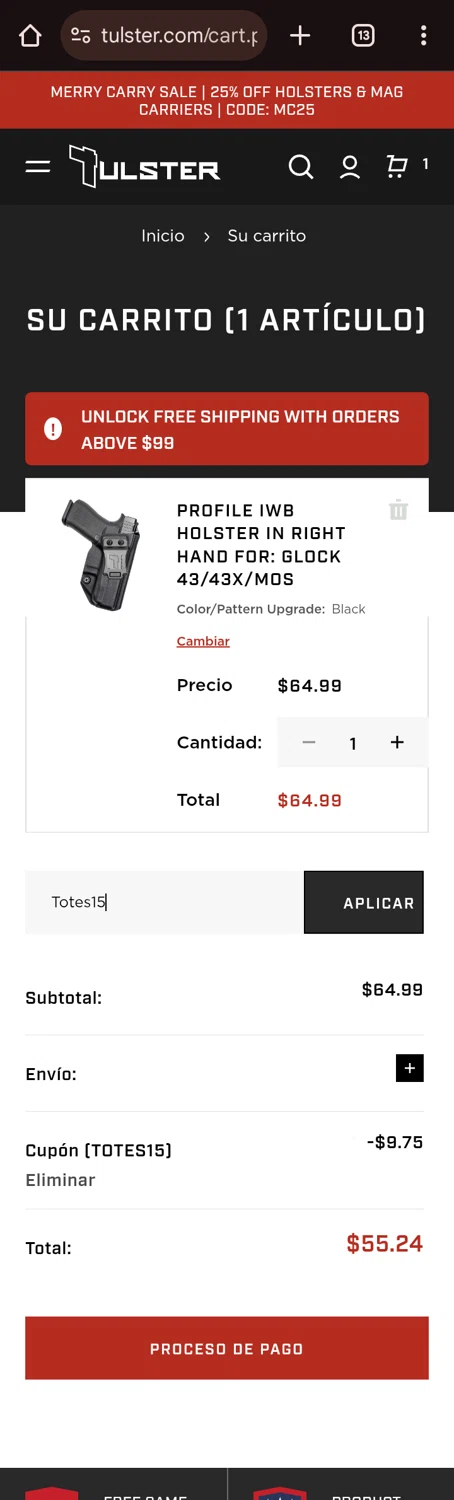 Tulster coupon code screenshot showing code Totes15 applied at Tulster checkout page. Uploaded by SimplyCodes community member Olivatle on Dec 8, 2025