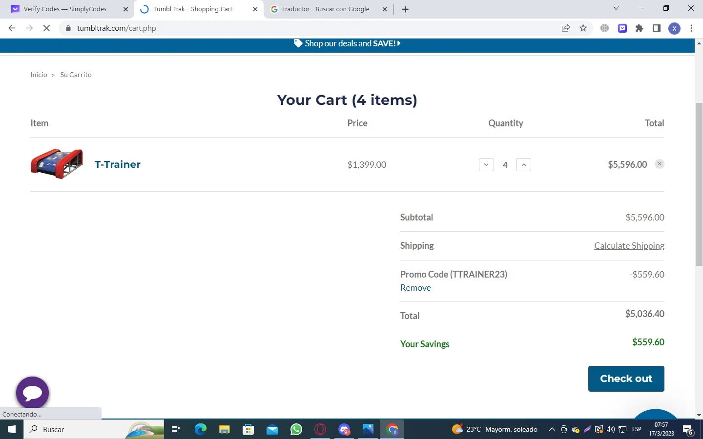 Tumbl Trak checkout page showing Tumbl Trak promo code box | Screenshot taken by SimplyCodes community member on Mar 17, 2023