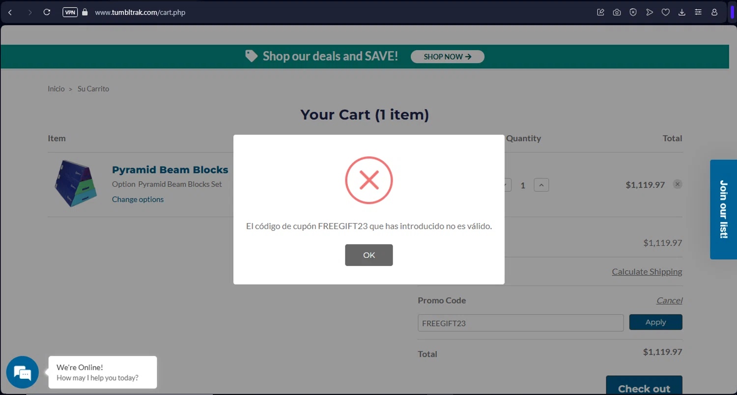 Tumbl Trak promo code screenshot showing code FREEGIFT23 applied at Tumbl Trak checkout page. Uploaded by SimplyCodes community member Mr_fran on Feb 20, 2025