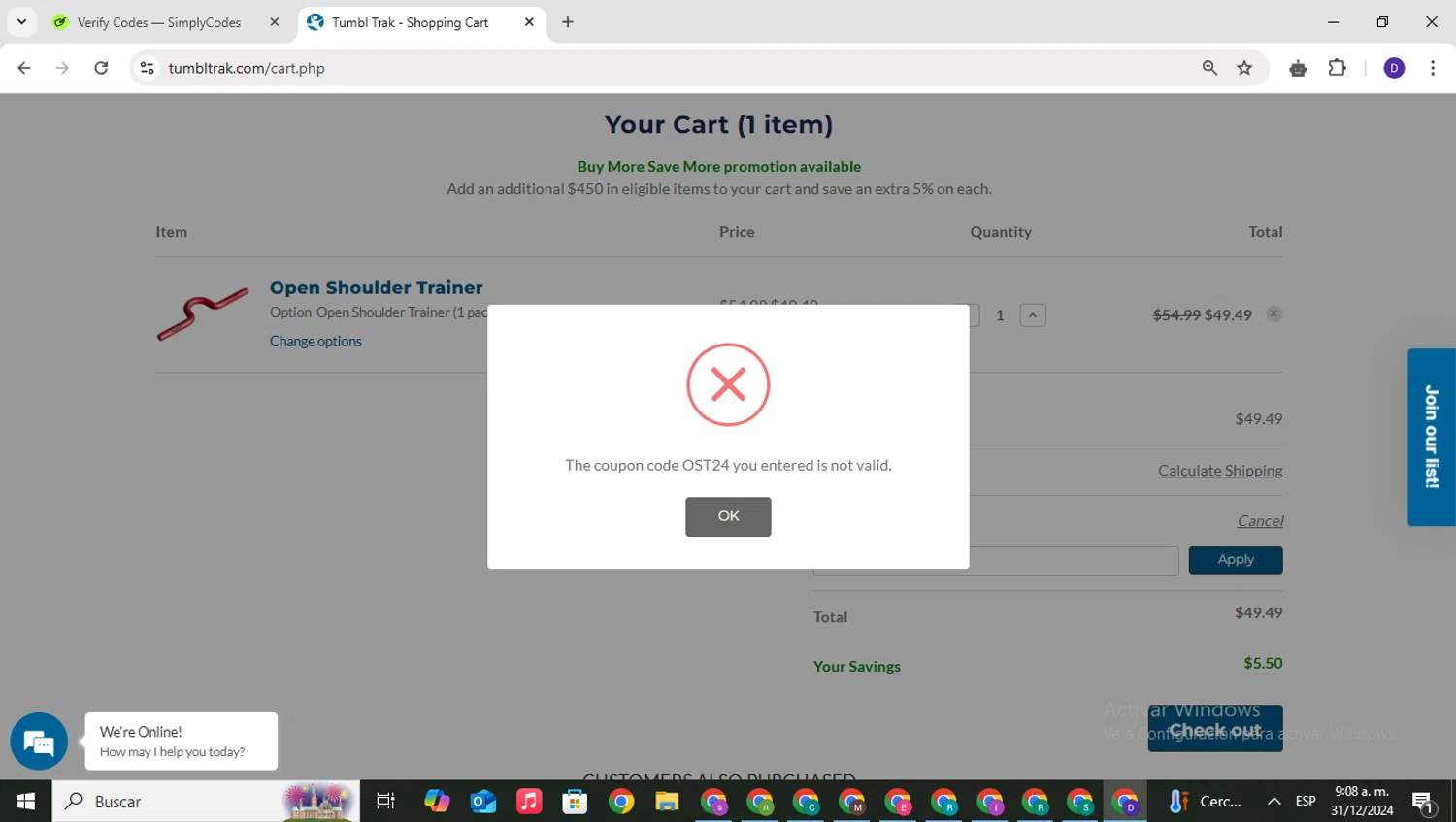 Tumbl Trak promo code screenshot showing code OST24 applied at Tumbl Trak checkout page. Uploaded by SimplyCodes community member PrimeNavigator3251 on Dec 31, 2024