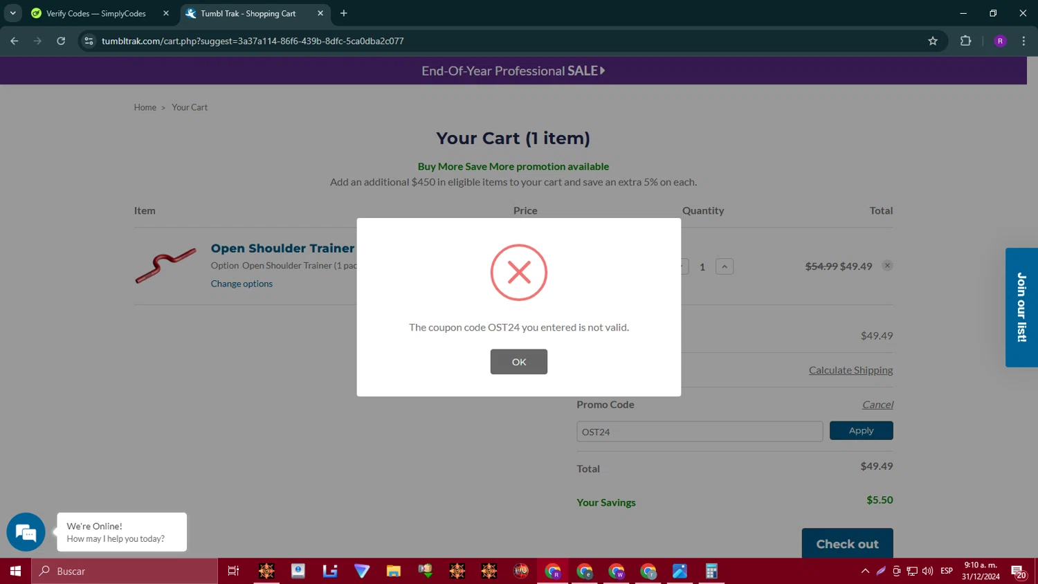 Tumbl Trak promo code screenshot showing code OST24 applied at Tumbl Trak checkout page. Uploaded by SimplyCodes community member richardromero on Dec 31, 2024