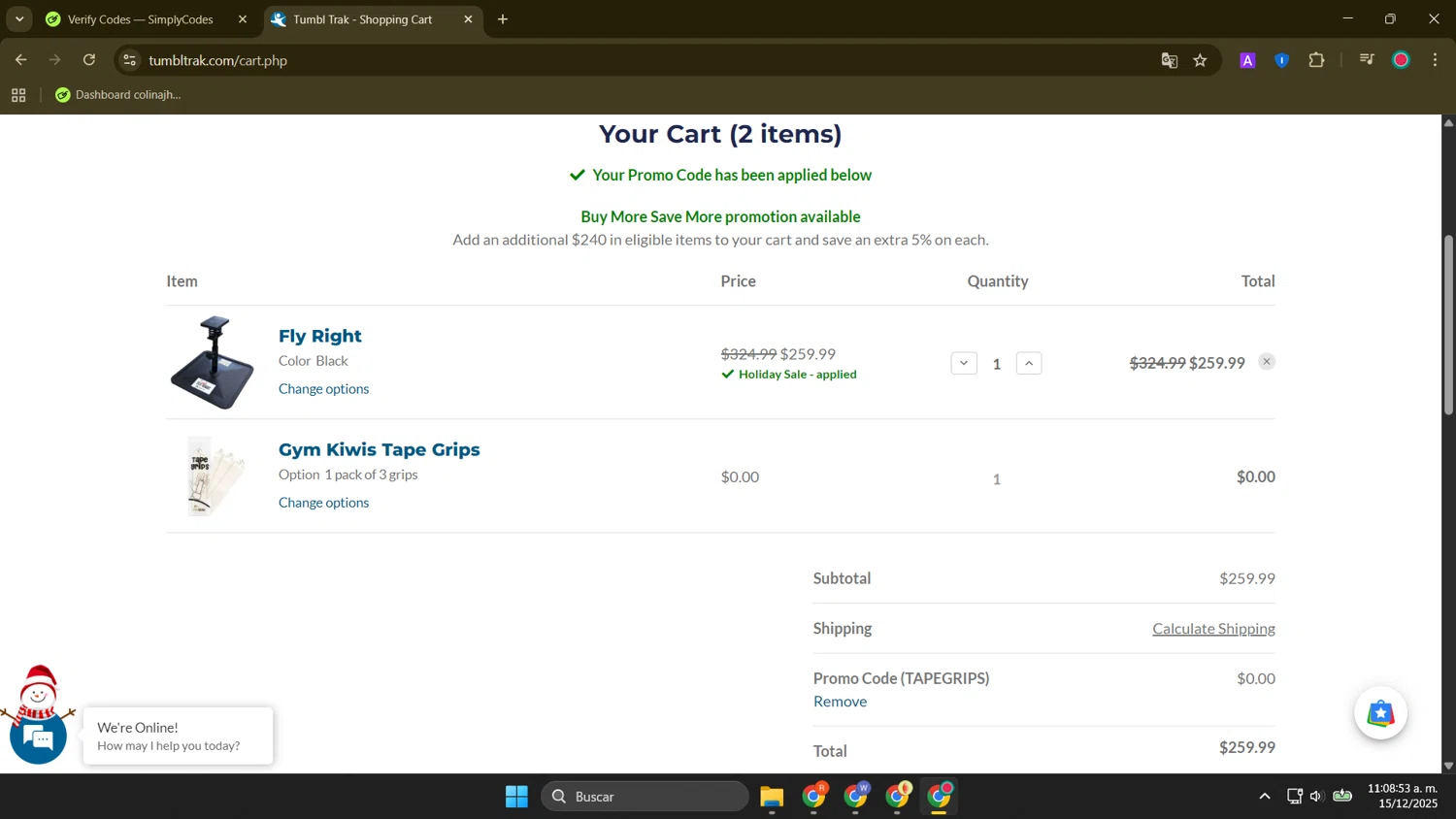 Tumbl Trak promo code screenshot showing code TAPEGRIPS applied at Tumbl Trak checkout page. Uploaded by SimplyCodes community member FortunateElite9977 on Dec 15, 2025