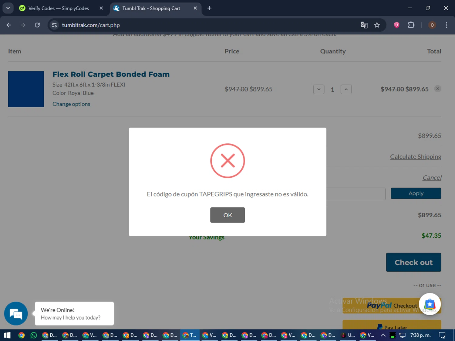 Tumbl Trak promo code screenshot showing code TAPEGRIPS applied at Tumbl Trak checkout page. Uploaded by SimplyCodes community member Legendar on Nov 13, 2025