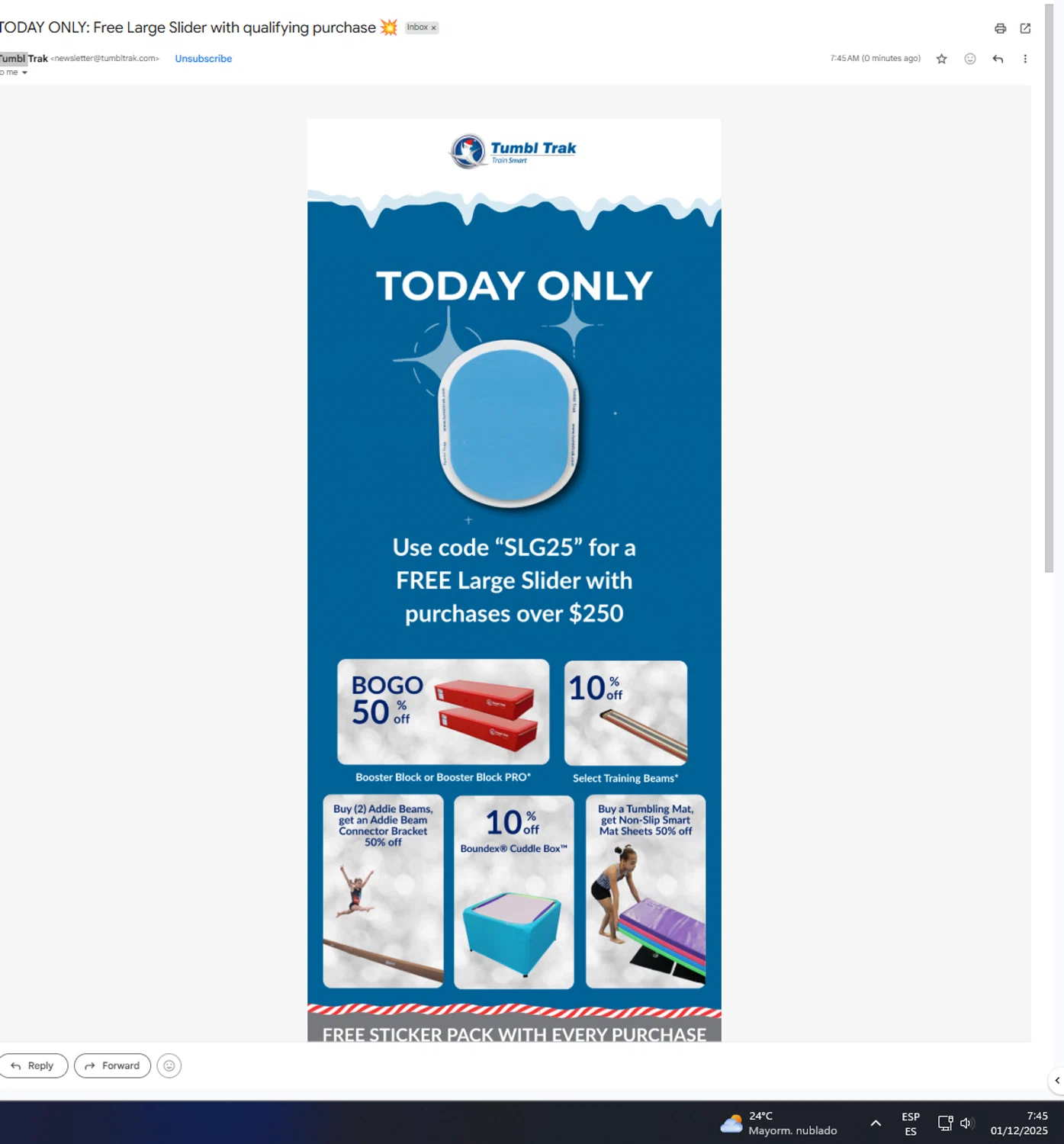 Tumbl Trak promo code screenshot showing code SLG25 applied at Tumbl Trak checkout page. Uploaded by SimplyCodes community member UnkNownVnzla on Dec 1, 2025